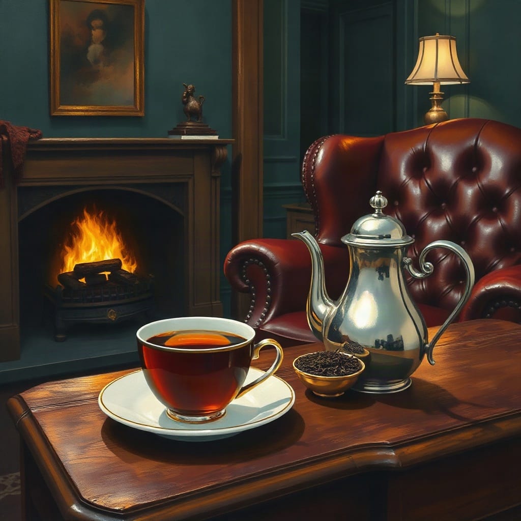 A painting of a cup of black tea, a silver teapot and a little dish of dark tea leaves on a mahogany table, an oxblood leather wing chair and a fire behind