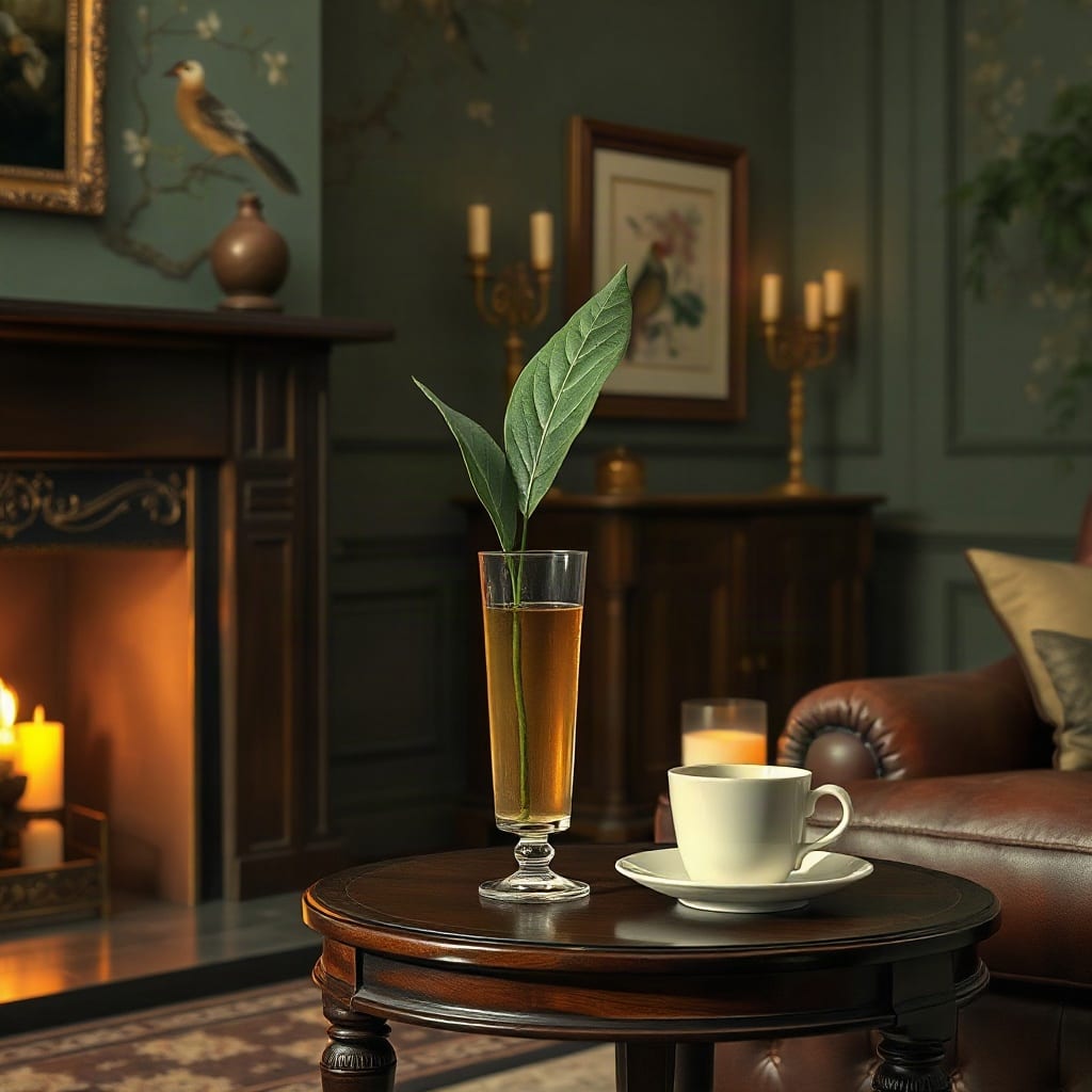 A painting of a tall glass of pale tea with a sprig of tea leaves in it and a cup beside it on a small mahogany table, candles and a fireplace behind, birds and branches painted on the walls