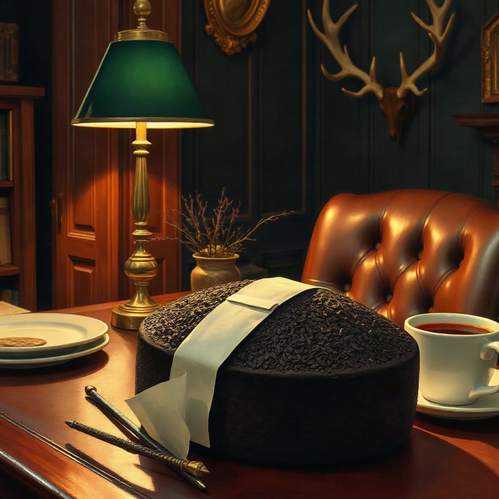 A painting of a round dark cake of pressed tea half out of its paper wrapper, a metal pick and a cup of dark red tea on a desk, a green-shaded lamp and antlers behind