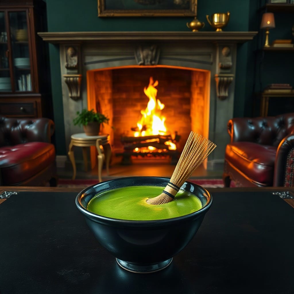 A painting of a black bowl of bright green matcha with a bamboo whisk standing in it, on a dark table before a fire and two leather chesterfields